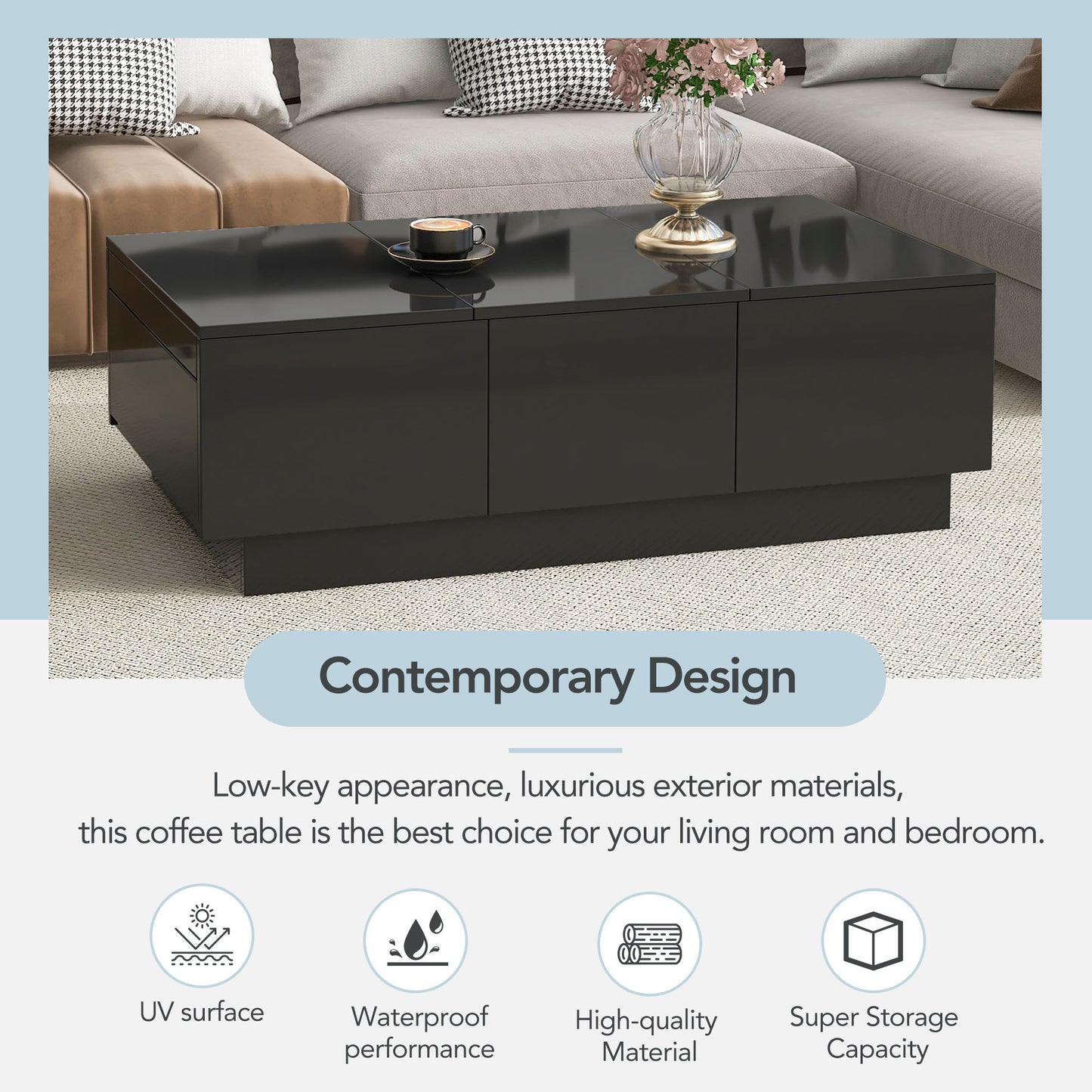 Modern Coffee Table with Hidden Storage Compartments, Extendable Design, 2 Drawers, High-Gloss Finish, Sliding Top, Black