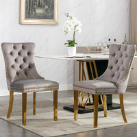 Modern Velvet Upholstered Dining Chairs Set of 2 - High-End Tufted Design with Golden Stainless Steel Legs and Nailhead Trim - Gray