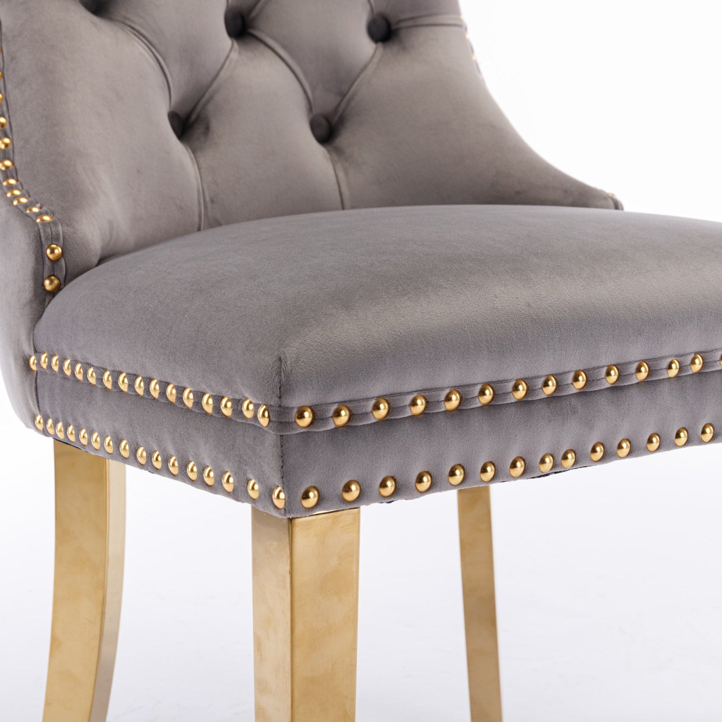 Modern Velvet Upholstered Dining Chairs Set of 2 - High-End Tufted Design with Golden Stainless Steel Legs and Nailhead Trim - Gray