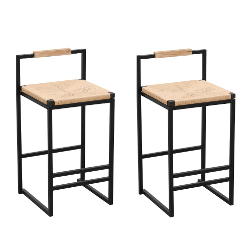 Set of 2 Counter Height Bar Stools with Back Paper Rope Woven Dining Chairs for Kitchen and Home