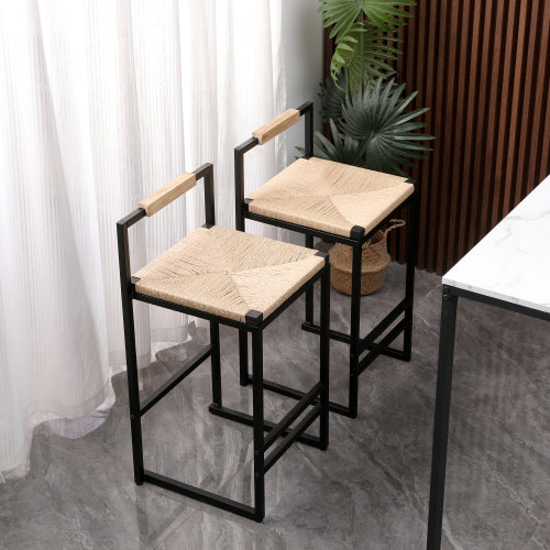 Set of 2 Counter Height Bar Stools with Back Paper Rope Woven Dining Chairs for Kitchen and Home