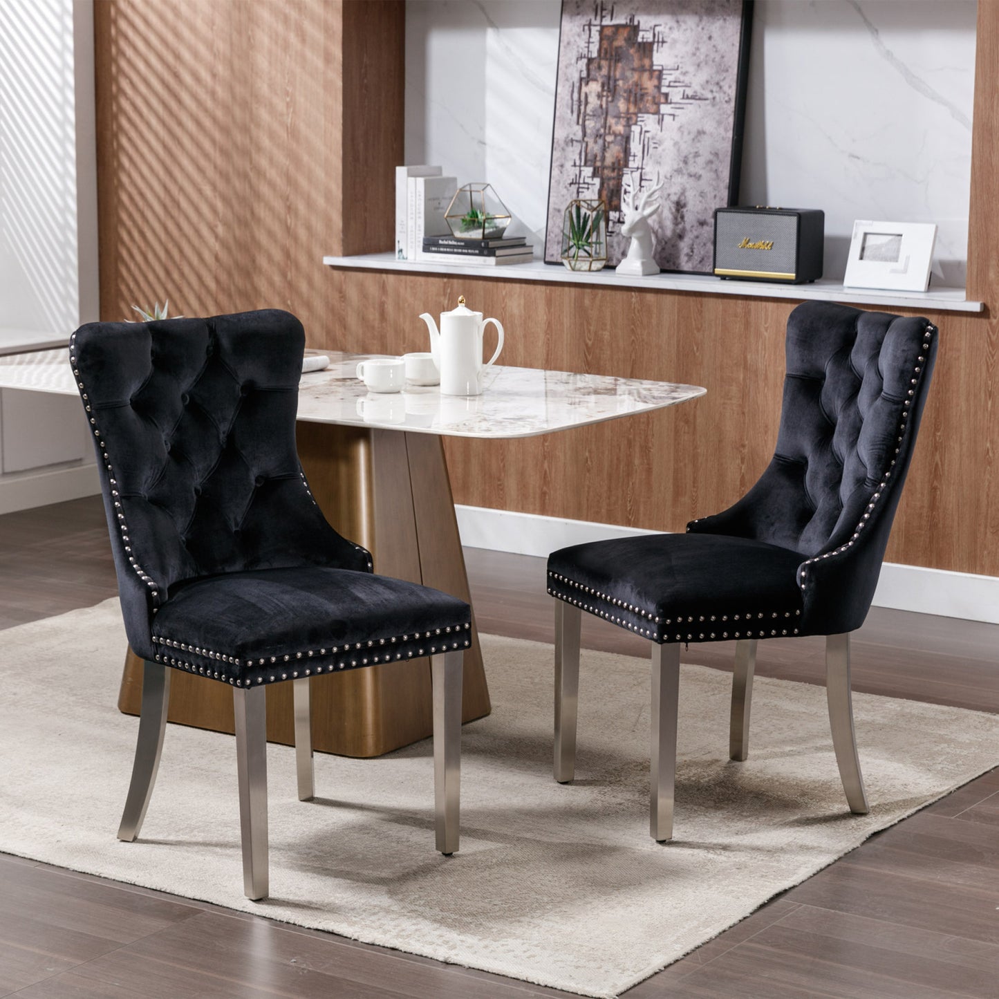 Modern Velvet Upholstered Dining Chair Set of 2 - High-End Tufted Solid Wood with Chrome Legs & Nailhead Trim, Black Finish