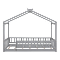 Twin Size Wood Bed House Bed Frame with Fence, for Kids, Teens, Girls, Boys, Gray