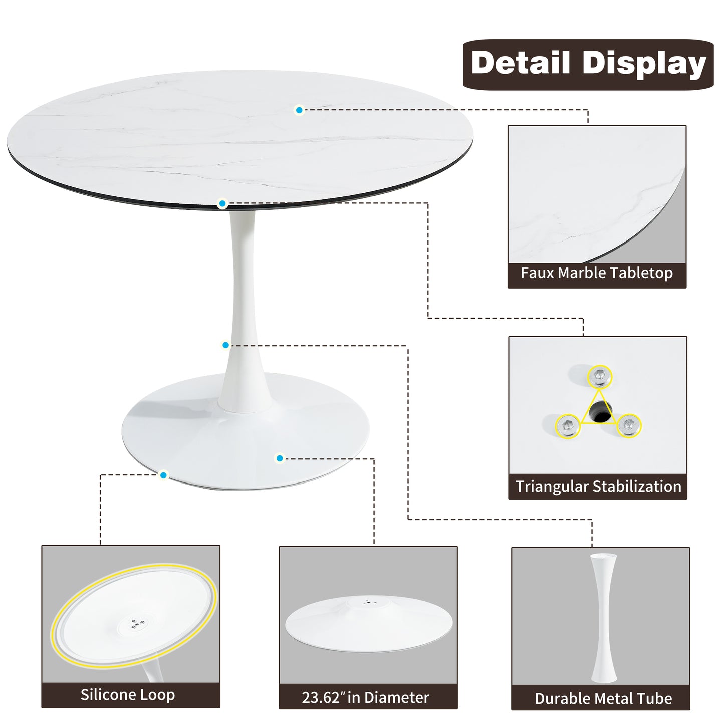 Stylish Round Dining Table - 106cm White Marble Top, Modern Design, Perfect for Dining Room or Kitchen, 1pc per Carton