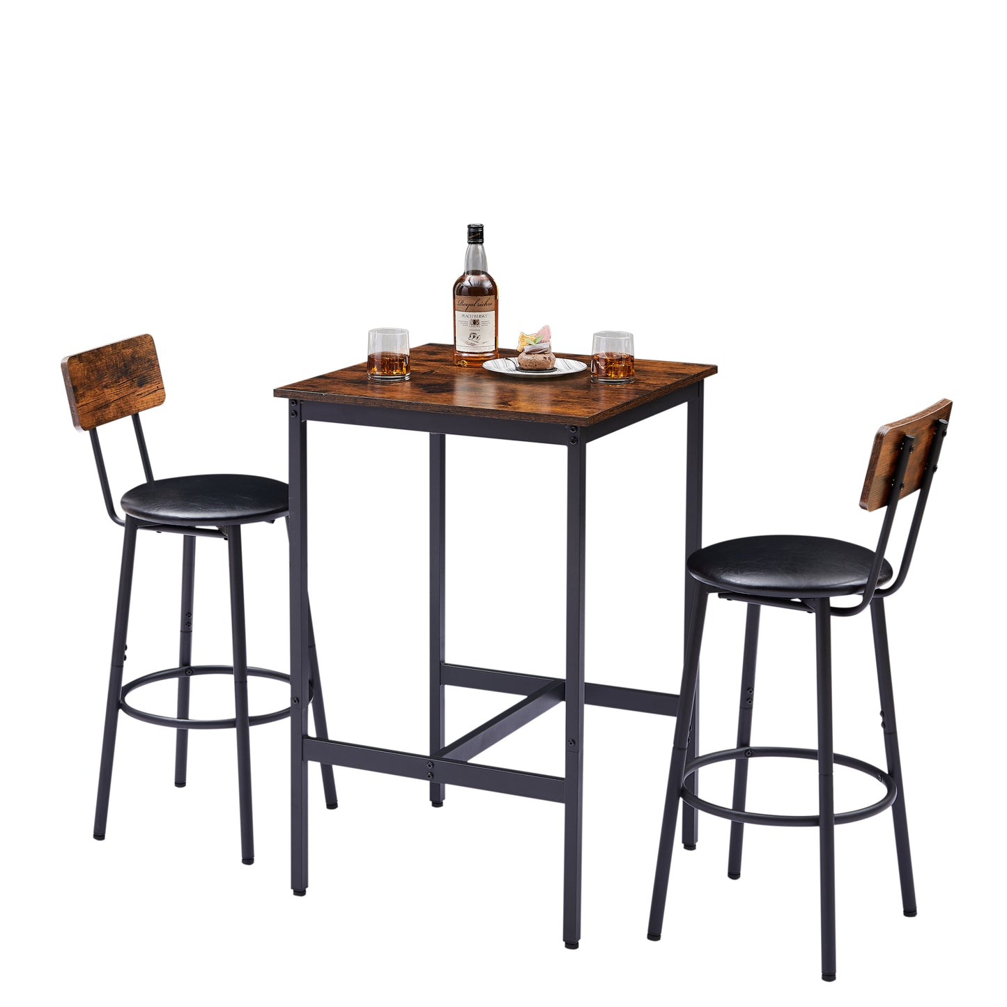 Rustic Bar Table Set with 2 PU Soft Seat Stools, Backrest, Space-Saving Design, 23.62 W x 23.62 D x 35.43 H