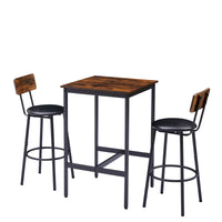 Rustic Bar Table Set with 2 PU Soft Seat Stools, Backrest, Space-Saving Design, 23.62 W x 23.62 D x 35.43 H