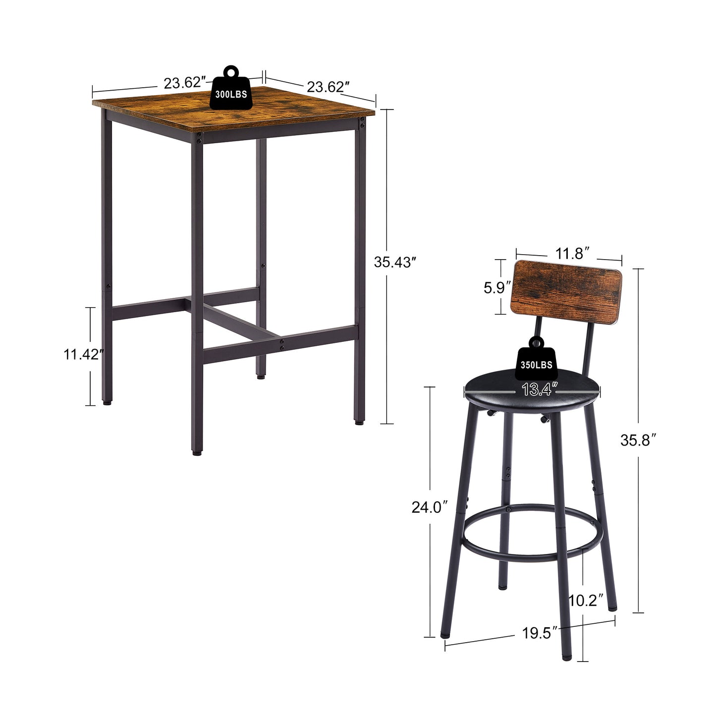 Rustic Bar Table Set with 2 PU Soft Seat Stools, Backrest, Space-Saving Design, 23.62 W x 23.62 D x 35.43 H