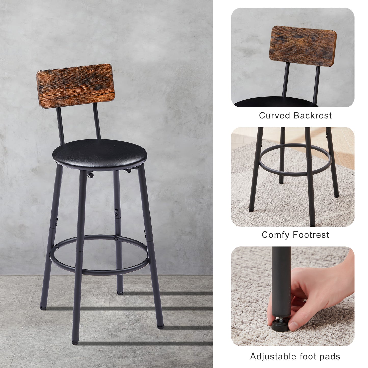 Rustic Bar Table Set with 2 PU Soft Seat Stools, Backrest, Space-Saving Design, 23.62 W x 23.62 D x 35.43 H