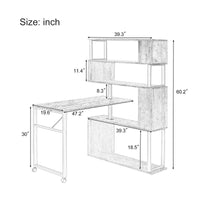 L-Shaped Home Office Computer Desk with Rotating Table & 5-Tier Bookshelf, Adjustable Installation, Lockable Casters