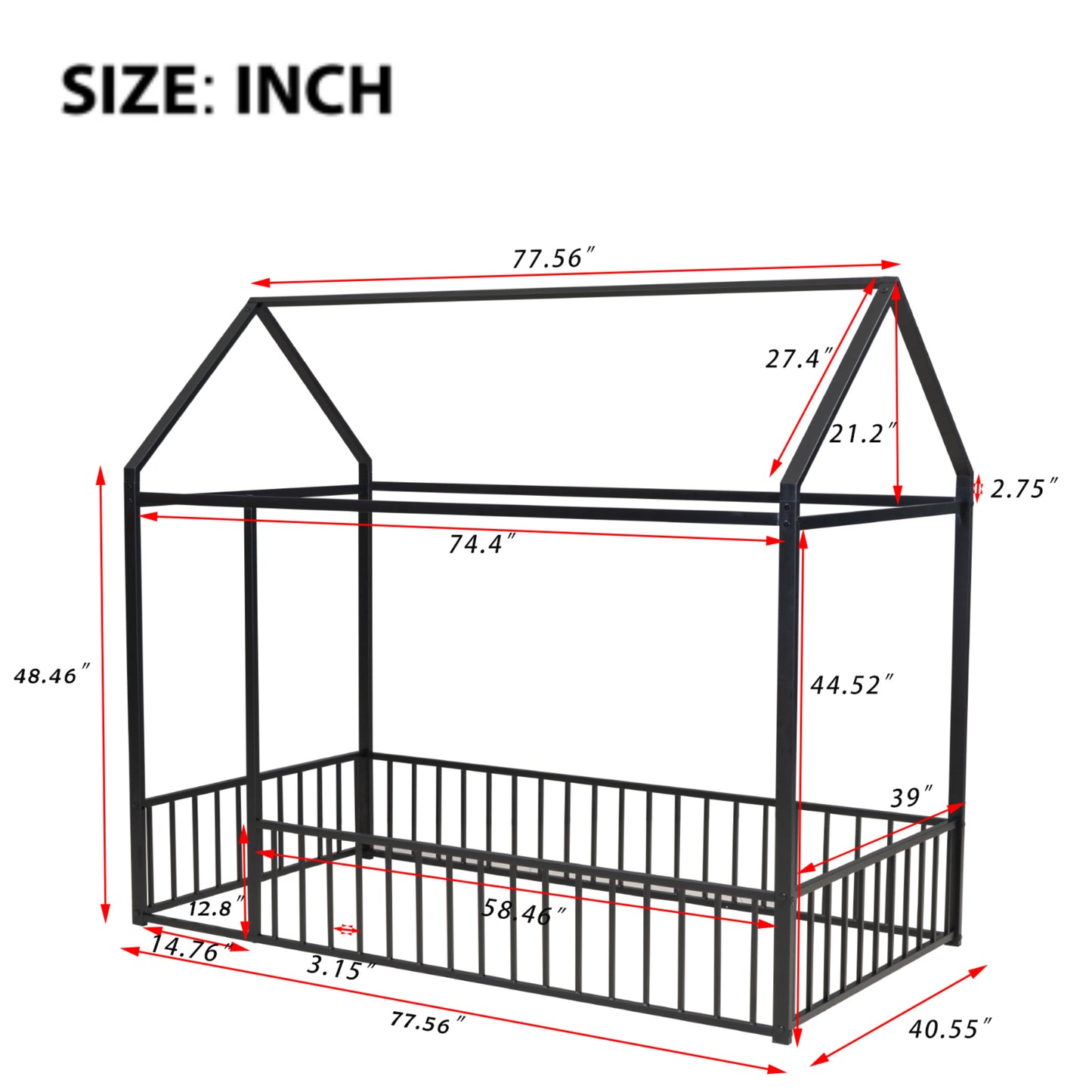 Twin Size Metal House Bed Frame with Fence, Perfect for Kids, Teens, Boys & Girls, Black Finish, Stylish and Durable Design