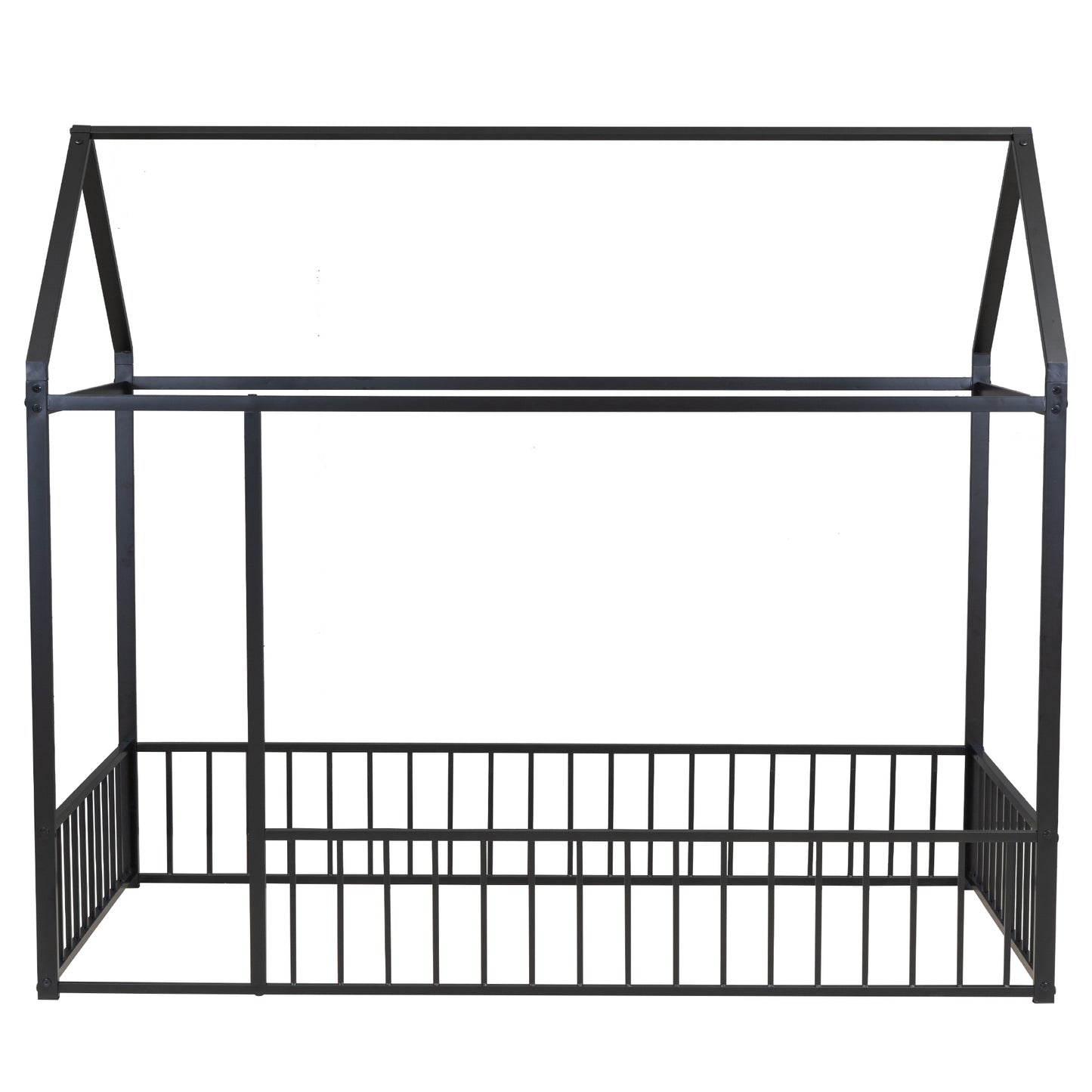 Twin Size Metal House Bed Frame with Fence, Perfect for Kids, Teens, Boys & Girls, Black Finish, Stylish and Durable Design