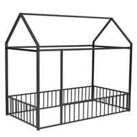 Twin Size Metal House Bed Frame with Fence, Perfect for Kids, Teens, Boys & Girls, Black Finish, Stylish and Durable Design