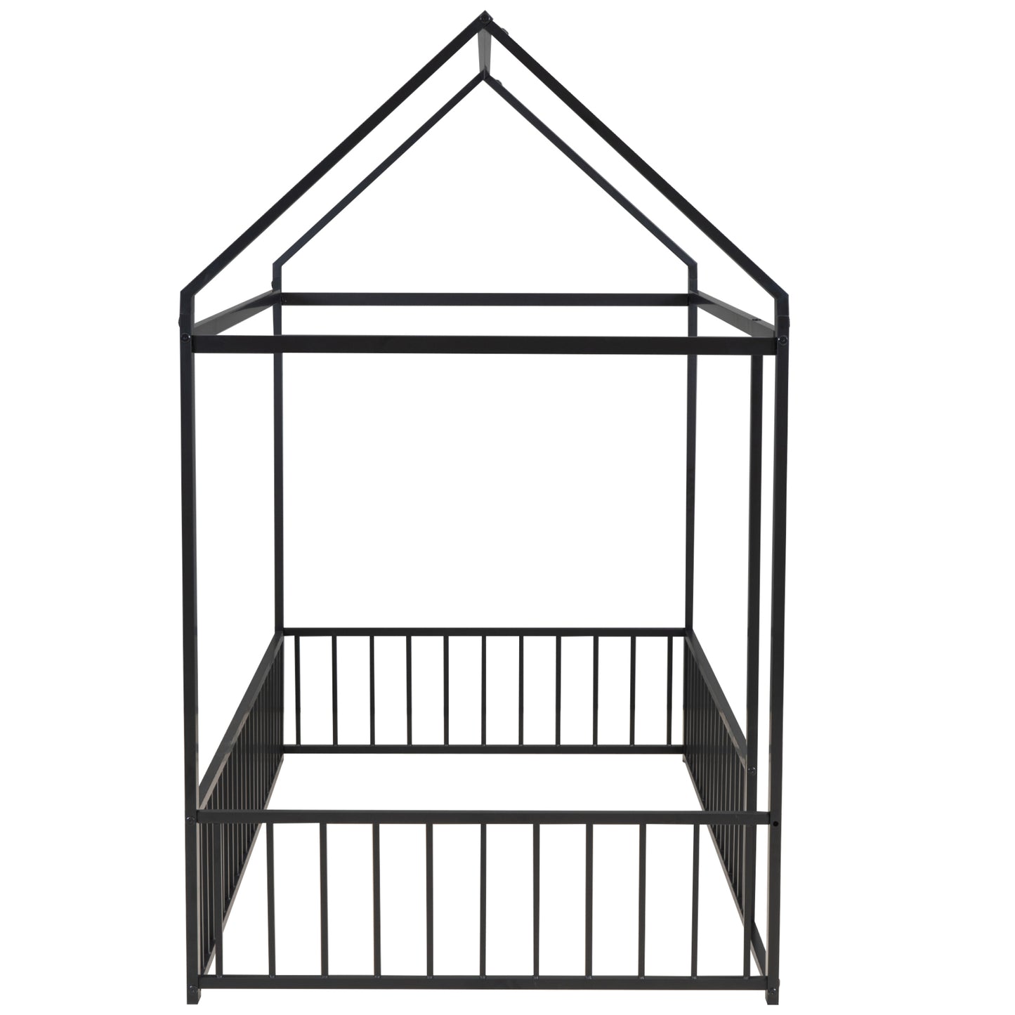 Twin Size Metal House Bed Frame with Fence, Perfect for Kids, Teens, Boys & Girls, Black Finish, Stylish and Durable Design