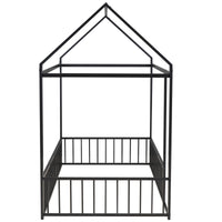 Twin Size Metal House Bed Frame with Fence, Perfect for Kids, Teens, Boys & Girls, Black Finish, Stylish and Durable Design