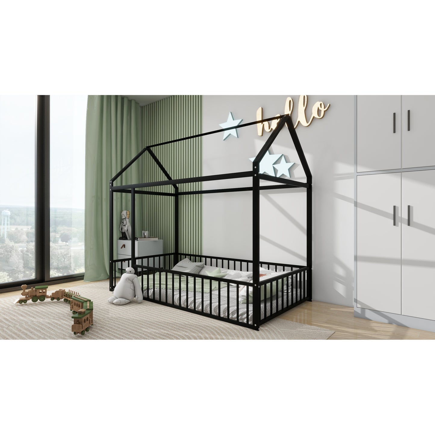 Twin Size Metal House Bed Frame with Fence, Perfect for Kids, Teens, Boys & Girls, Black Finish, Stylish and Durable Design