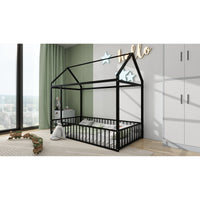 Twin Size Metal House Bed Frame with Fence, Perfect for Kids, Teens, Boys & Girls, Black Finish, Stylish and Durable Design