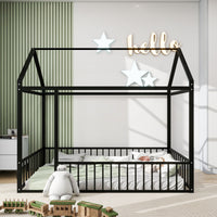 Twin Size Metal House Bed Frame with Fence, Perfect for Kids, Teens, Boys & Girls, Black Finish, Stylish and Durable Design