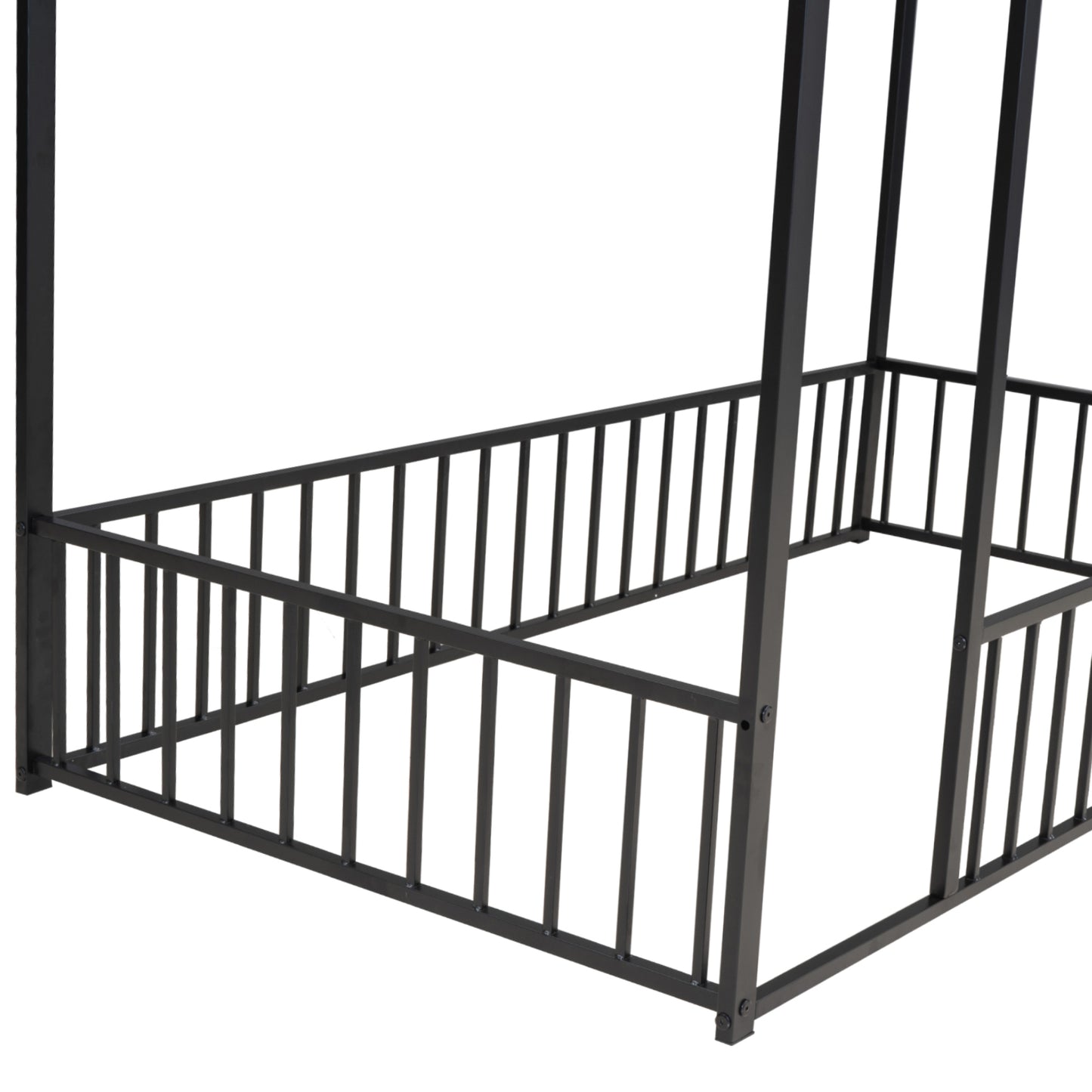 Twin Size Metal House Bed Frame with Fence, Perfect for Kids, Teens, Boys & Girls, Black Finish, Stylish and Durable Design