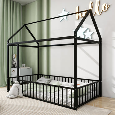 Twin Size Metal House Bed Frame with Fence, Perfect for Kids, Teens, Boys & Girls, Black Finish, Stylish and Durable Design