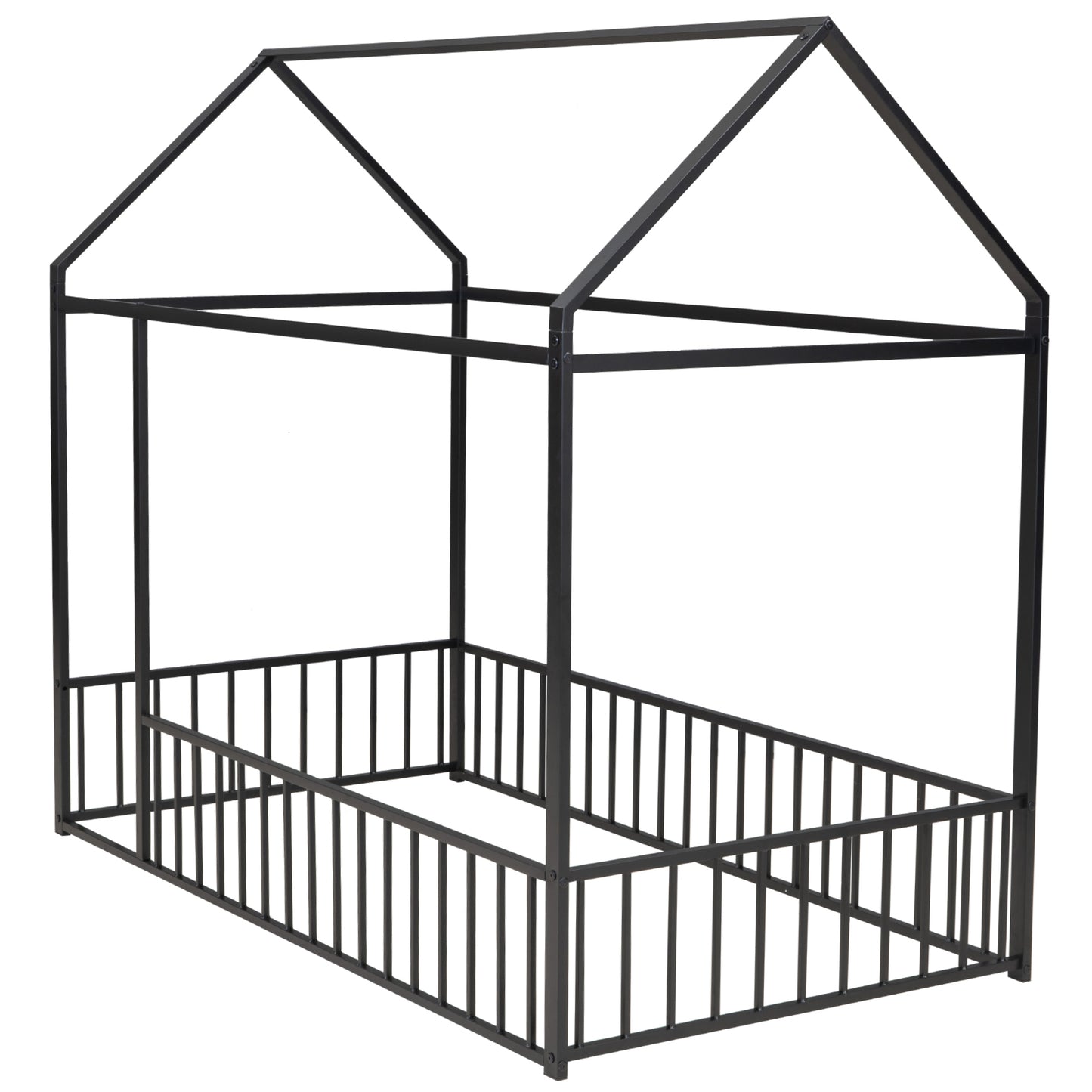 Twin Size Metal House Bed Frame with Fence, Perfect for Kids, Teens, Boys & Girls, Black Finish, Stylish and Durable Design