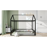 Twin Size Metal House Bed Frame with Fence, Perfect for Kids, Teens, Boys & Girls, Black Finish, Stylish and Durable Design