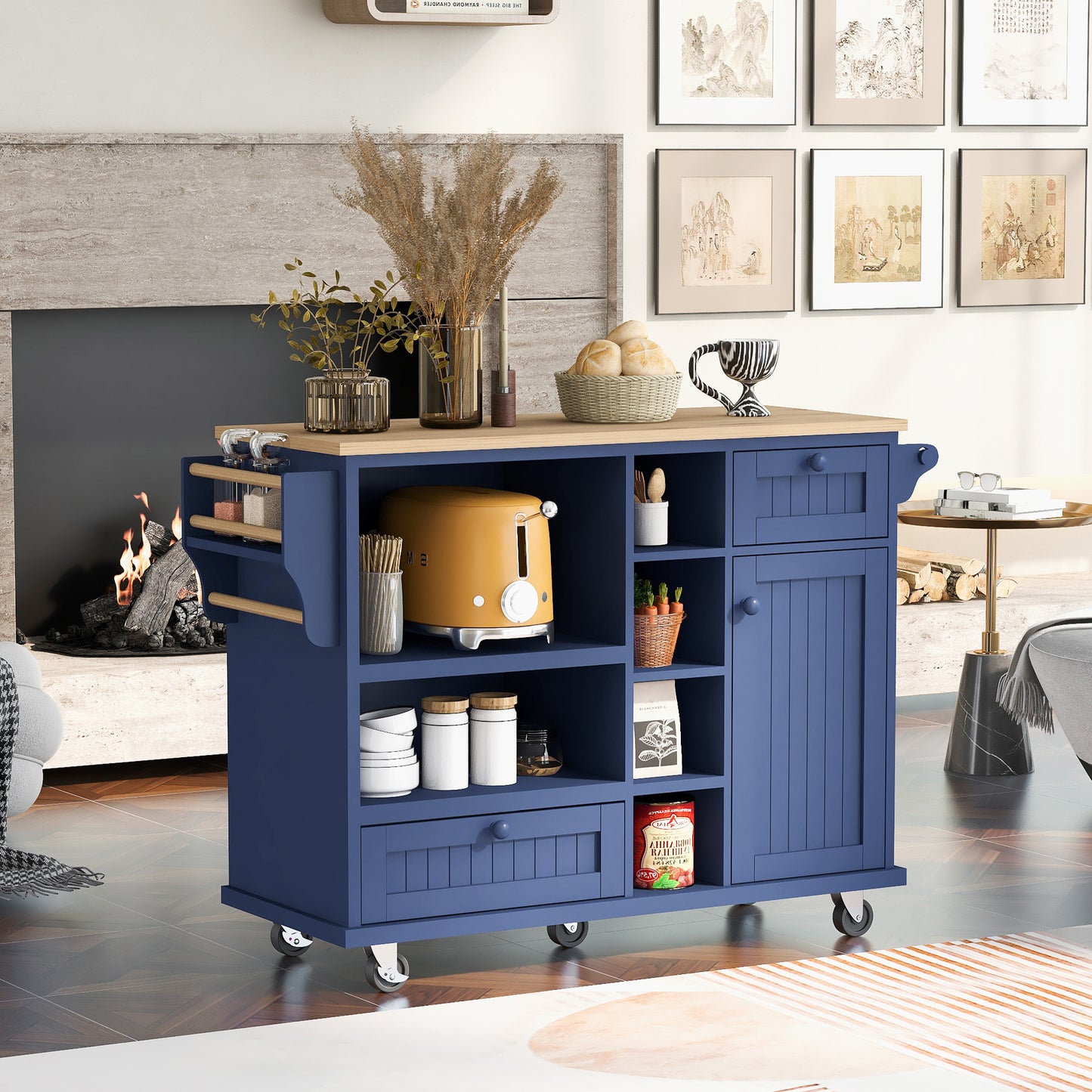 Kitchen Island Cart with Storage Cabinet & Locking Wheels, Solid Wood Top, Microwave Buffet Server for Kitchen, Dining, Bathroom – Dark Blue