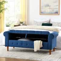 62 Inch Tufted Button Storage Bench Modern Fabric Ottoman Rolled Arm Design for Bedroom Living Room Foyer Blue