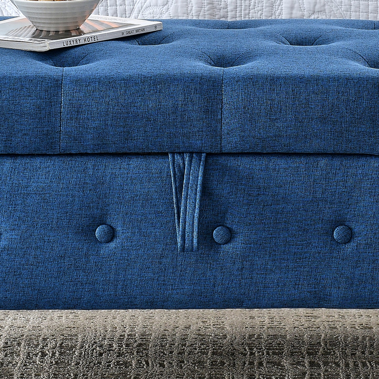 62 Inch Tufted Button Storage Bench Modern Fabric Ottoman Rolled Arm Design for Bedroom Living Room Foyer Blue