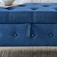 62 Inch Tufted Button Storage Bench Modern Fabric Ottoman Rolled Arm Design for Bedroom Living Room Foyer Blue