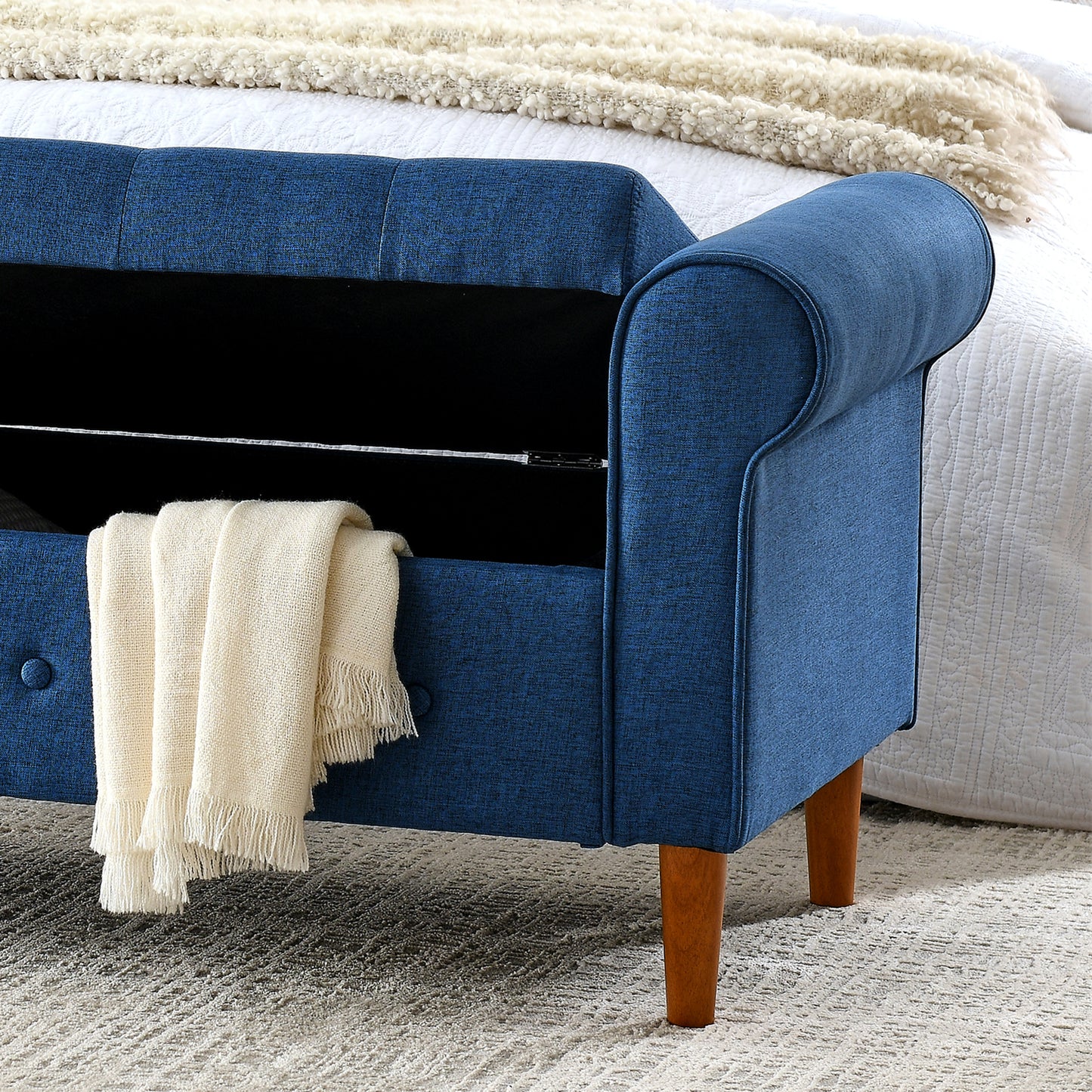 62 Inch Tufted Button Storage Bench Modern Fabric Ottoman Rolled Arm Design for Bedroom Living Room Foyer Blue