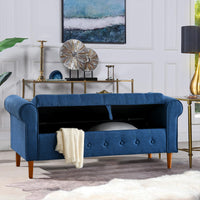 62 Inch Tufted Button Storage Bench Modern Fabric Ottoman Rolled Arm Design for Bedroom Living Room Foyer Blue