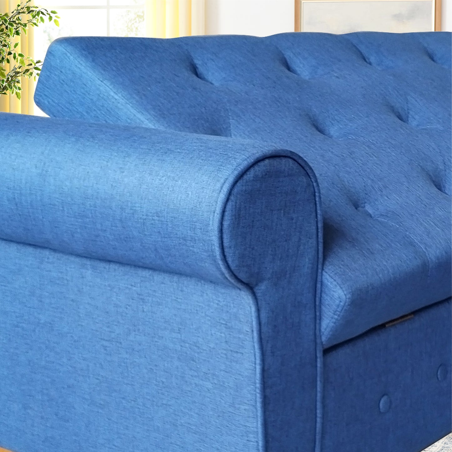 62 Inch Tufted Button Storage Bench Modern Fabric Ottoman Rolled Arm Design for Bedroom Living Room Foyer Blue