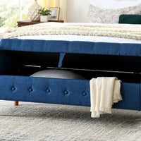 62 Inch Tufted Button Storage Bench Modern Fabric Ottoman Rolled Arm Design for Bedroom Living Room Foyer Blue