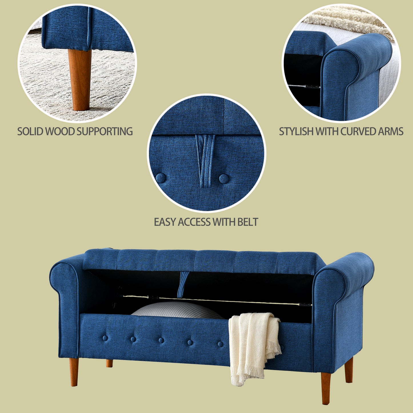 62 Inch Tufted Button Storage Bench Modern Fabric Ottoman Rolled Arm Design for Bedroom Living Room Foyer Blue