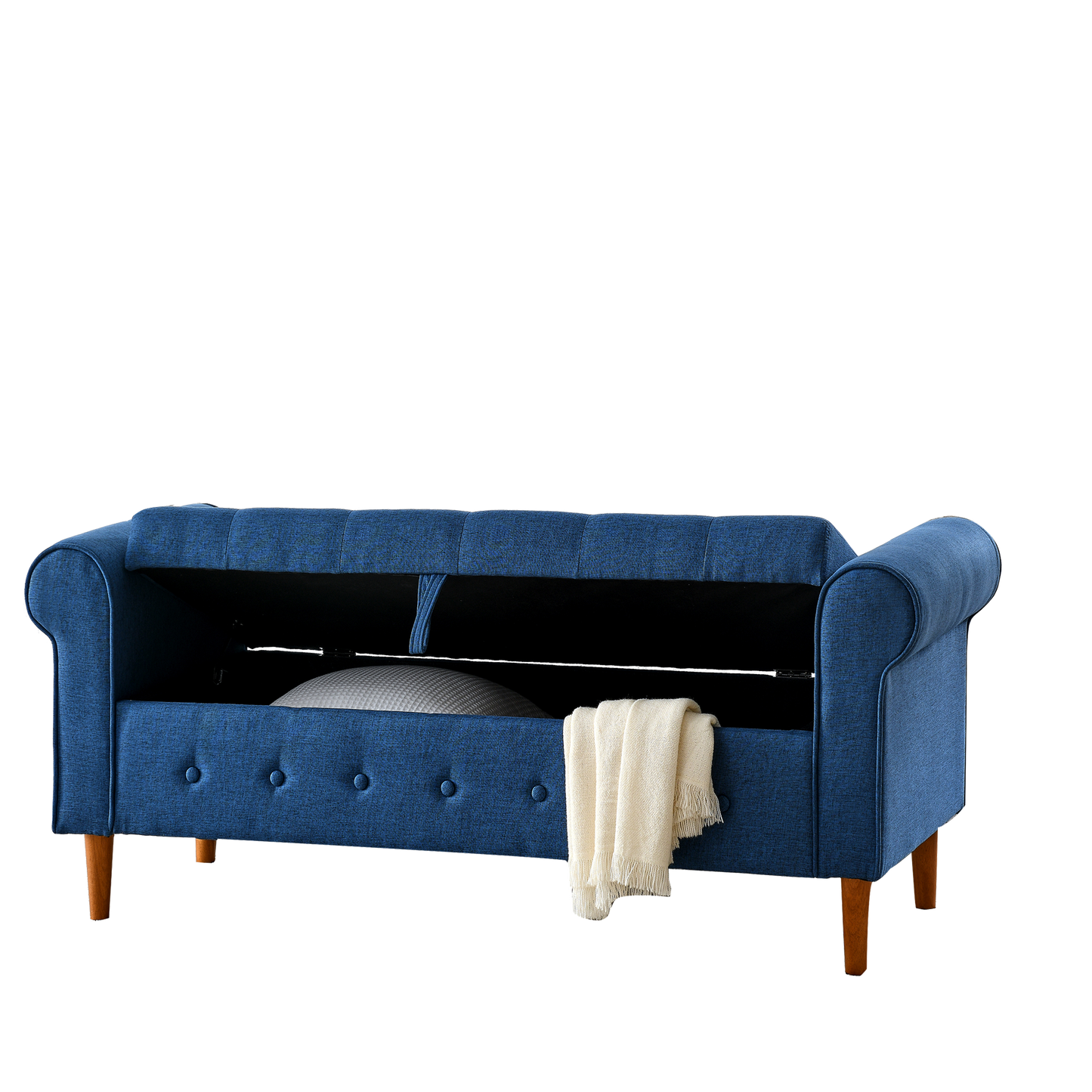 62 Inch Tufted Button Storage Bench Modern Fabric Ottoman Rolled Arm Design for Bedroom Living Room Foyer Blue