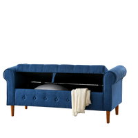 62 Inch Tufted Button Storage Bench Modern Fabric Ottoman Rolled Arm Design for Bedroom Living Room Foyer Blue