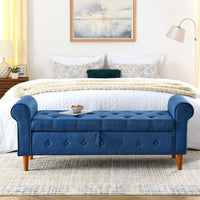 62 Inch Tufted Button Storage Bench Modern Fabric Ottoman Rolled Arm Design for Bedroom Living Room Foyer Blue