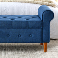 62 Inch Tufted Button Storage Bench Modern Fabric Ottoman Rolled Arm Design for Bedroom Living Room Foyer Blue