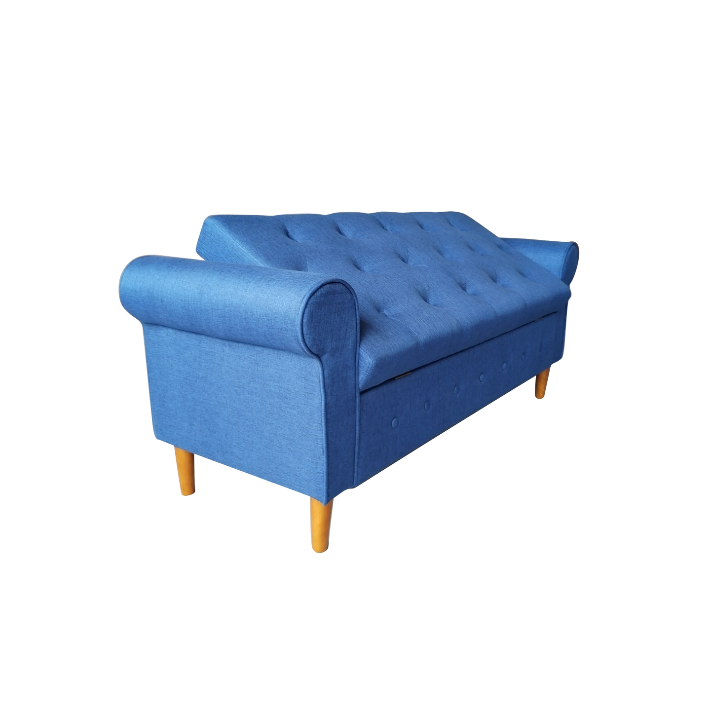 62 Inch Tufted Button Storage Bench Modern Fabric Ottoman Rolled Arm Design for Bedroom Living Room Foyer Blue