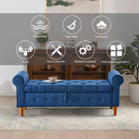 62 Inch Tufted Button Storage Bench Modern Fabric Ottoman Rolled Arm Design for Bedroom Living Room Foyer Blue