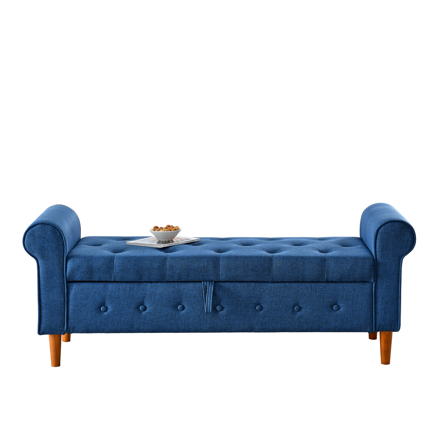 62 Inch Tufted Button Storage Bench Modern Fabric Ottoman Rolled Arm Design for Bedroom Living Room Foyer Blue