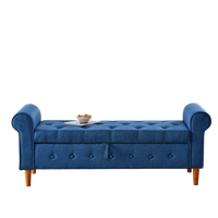 62 Inch Tufted Button Storage Bench Modern Fabric Ottoman Rolled Arm Design for Bedroom Living Room Foyer Blue