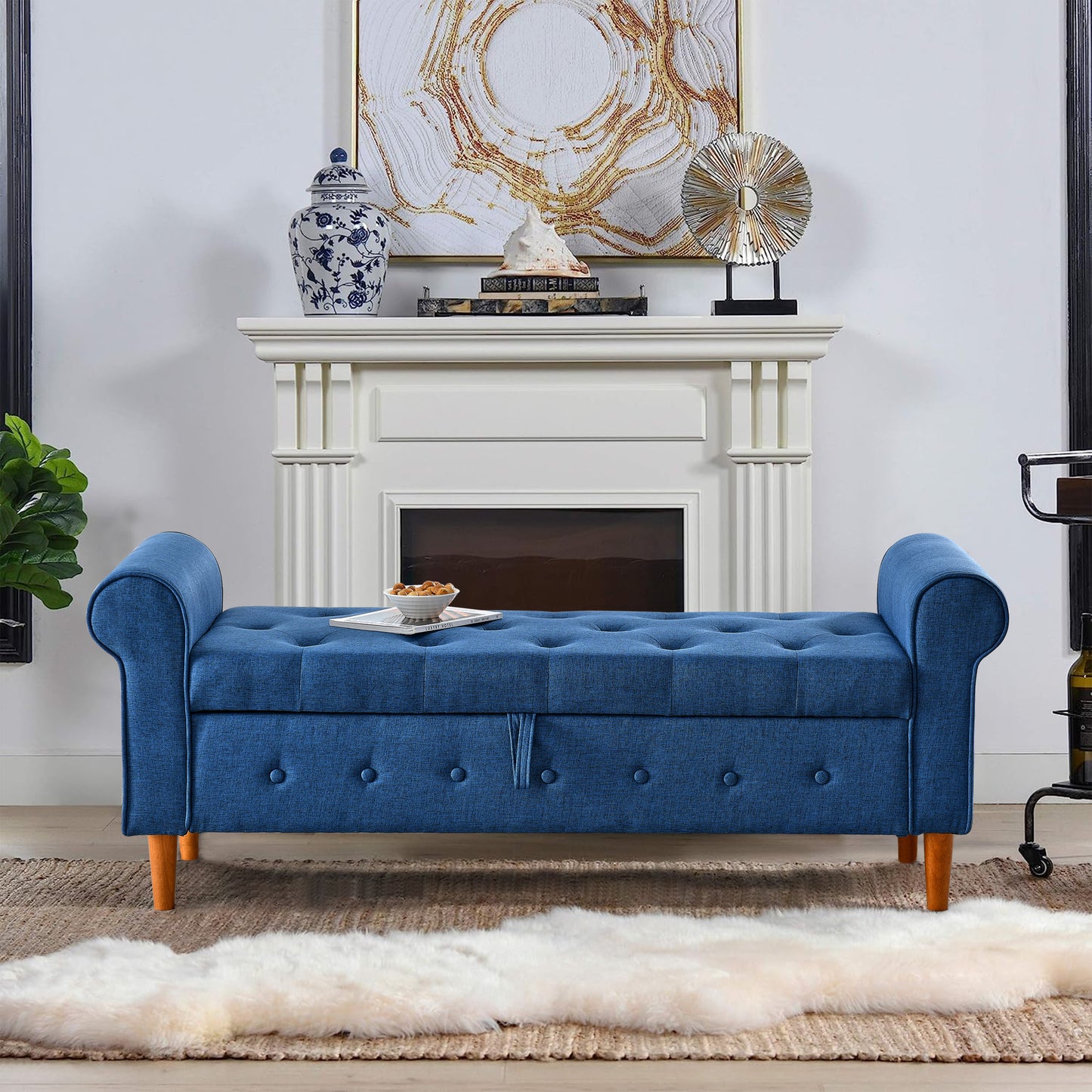 62 Inch Tufted Button Storage Bench Modern Fabric Ottoman Rolled Arm Design for Bedroom Living Room Foyer Blue