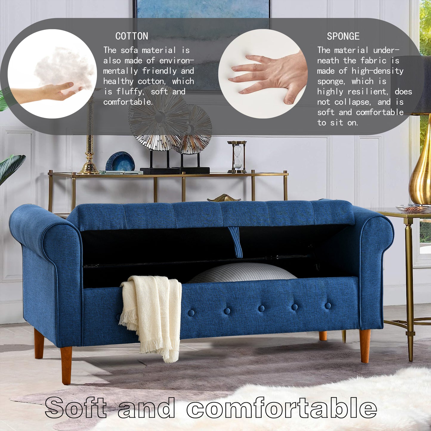 62 Inch Tufted Button Storage Bench Modern Fabric Ottoman Rolled Arm Design for Bedroom Living Room Foyer Blue