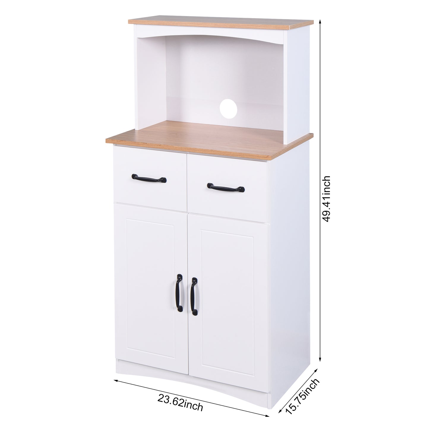 White Wooden Kitchen Cabinet - Pantry Storage Unit with Microwave Shelf and Storage Drawer for Kitchen Organization