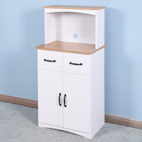 White Wooden Kitchen Cabinet - Pantry Storage Unit with Microwave Shelf and Storage Drawer for Kitchen Organization