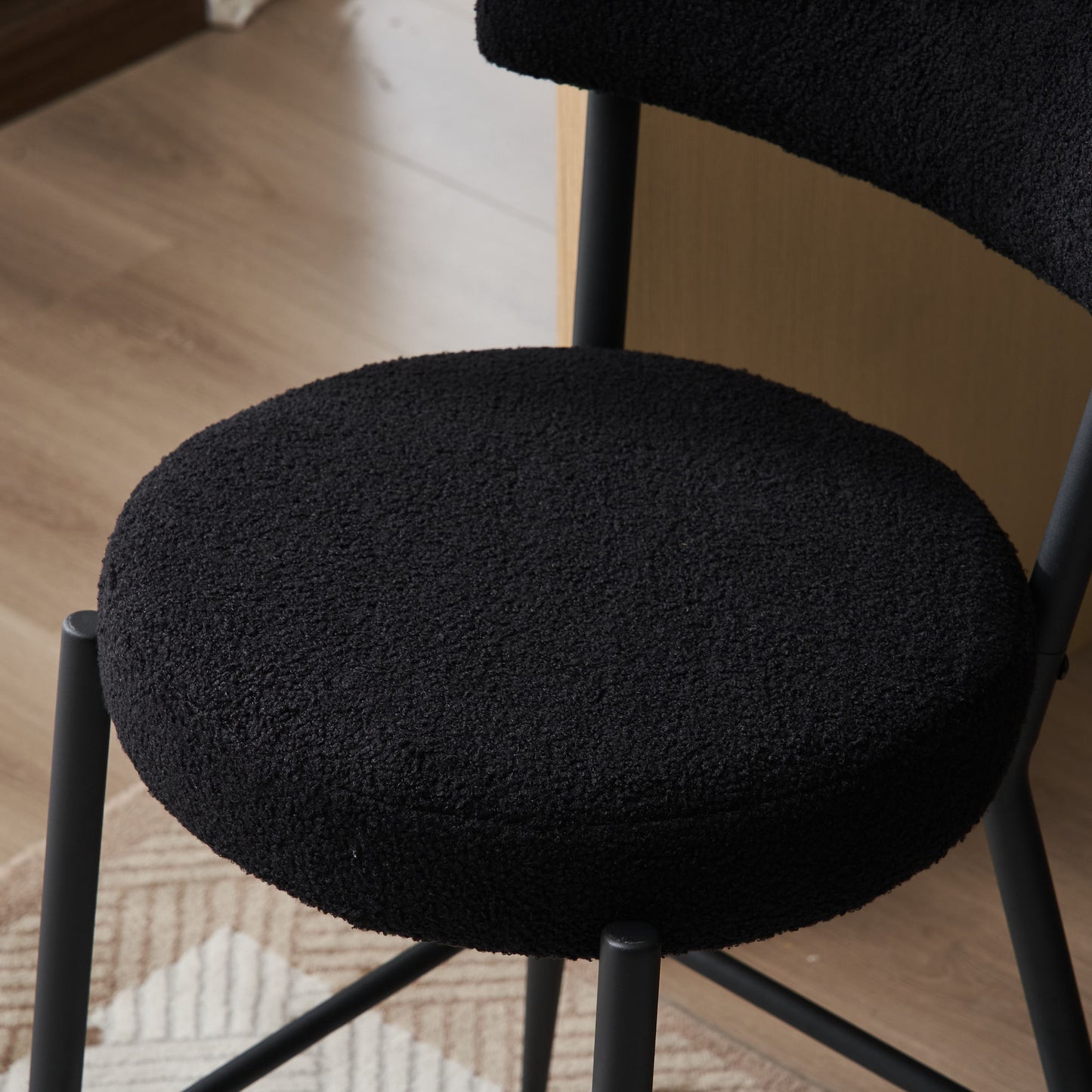 Set of 2 Modern Teddy Fabric Upholstered Bar Stools - High Metal Base - Stylish Kitchen, Dining & Living Room Seating - Black