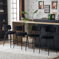 Set of 2 Modern Teddy Fabric Upholstered Bar Stools - High Metal Base - Stylish Kitchen, Dining & Living Room Seating - Black