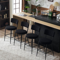 Set of 2 Modern Teddy Fabric Upholstered Bar Stools - High Metal Base - Stylish Kitchen, Dining & Living Room Seating - Black