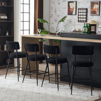 Set of 2 Modern Teddy Fabric Upholstered Bar Stools - High Metal Base - Stylish Kitchen, Dining & Living Room Seating - Black